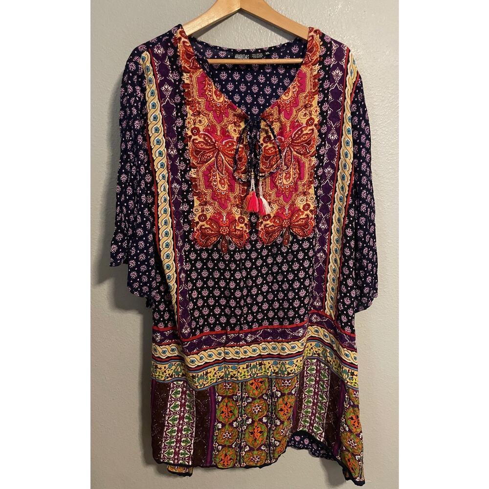 Anandas Collection Dress Womens XL Multicolor Floral Tassel Boho Artsy Peasant